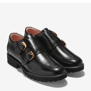 Cole Haan Black Monk Strap Loafers with Gold Buckles